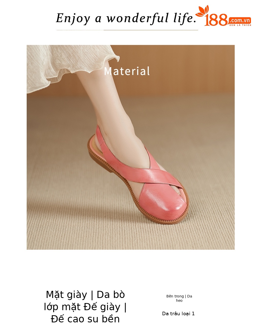 Dép sandal nữ quai chữ V đơn giản da bò mềm đế bệt — màu hồng chi tiết 2