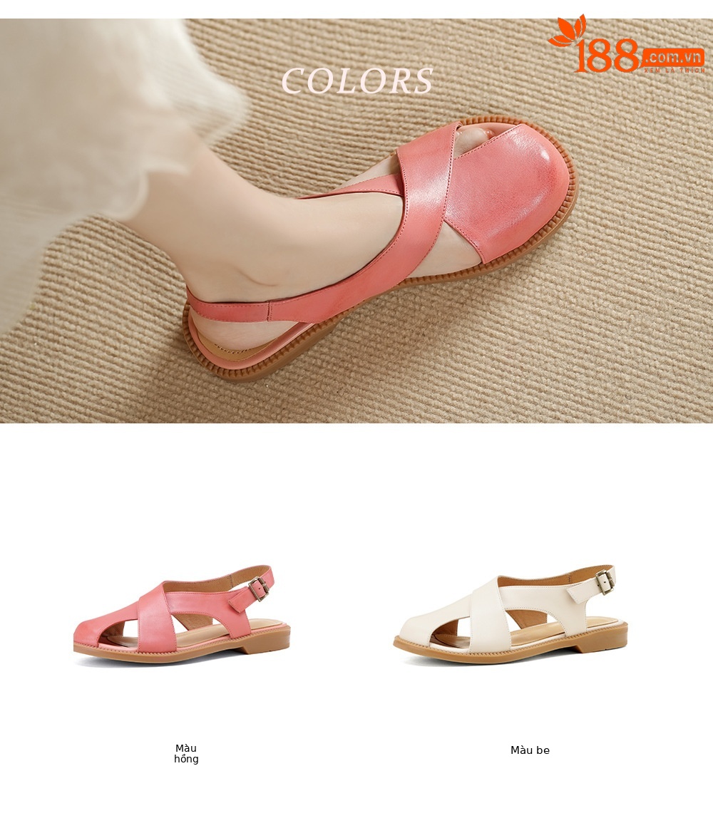 Dép sandal nữ quai chữ V đơn giản da bò mềm đế bệt — màu hồng chi tiết 3
