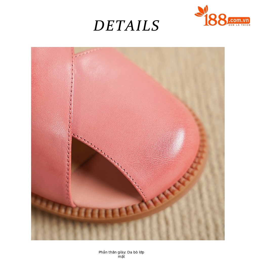 Dép sandal nữ quai chữ V đơn giản da bò mềm đế bệt — màu hồng chi tiết 14