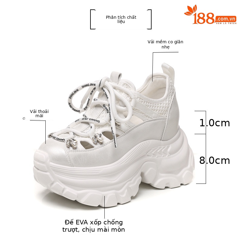 Giày thể thao nữ đế dày cut-out thoáng khí, tăng chiều cao — trắng chi tiết 3