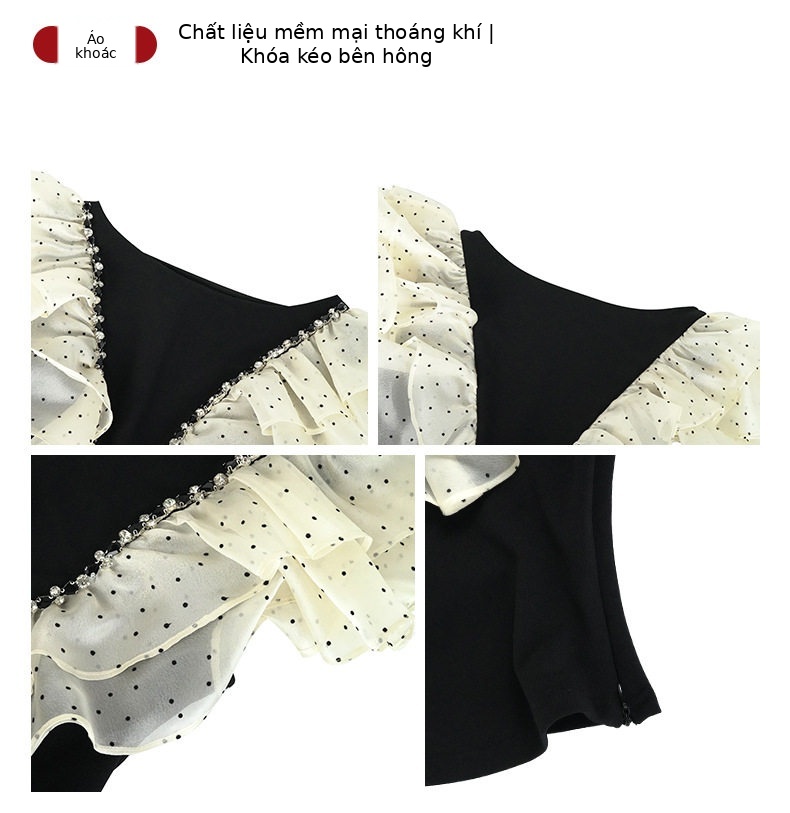 Áo thun nữ cổ tròn tay ngắn phong cách Pháp, thiết kế tay bèo nhún, dáng ôm, màu đen cơ bản — [Đen] chi tiết 3