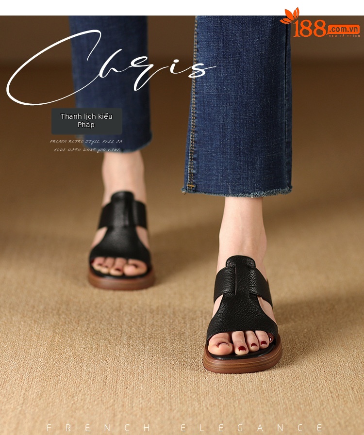 Dép sandal nữ đế dày gót vuông mũi hở 4.5 cm kiểu La Mã — đen chi tiết 1