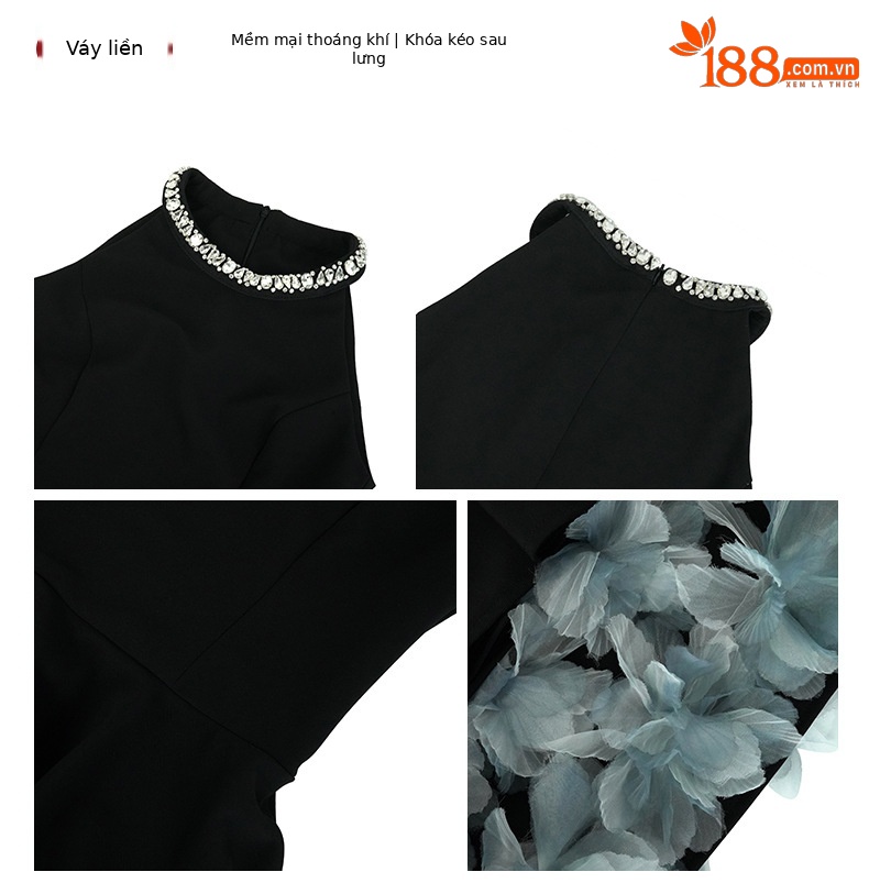 Váy liền thân nữ mùa hè họa tiết tie-dye hoa 3D, cổ halter, eo thắt eo, tay bồng — Màu đen chi tiết 2