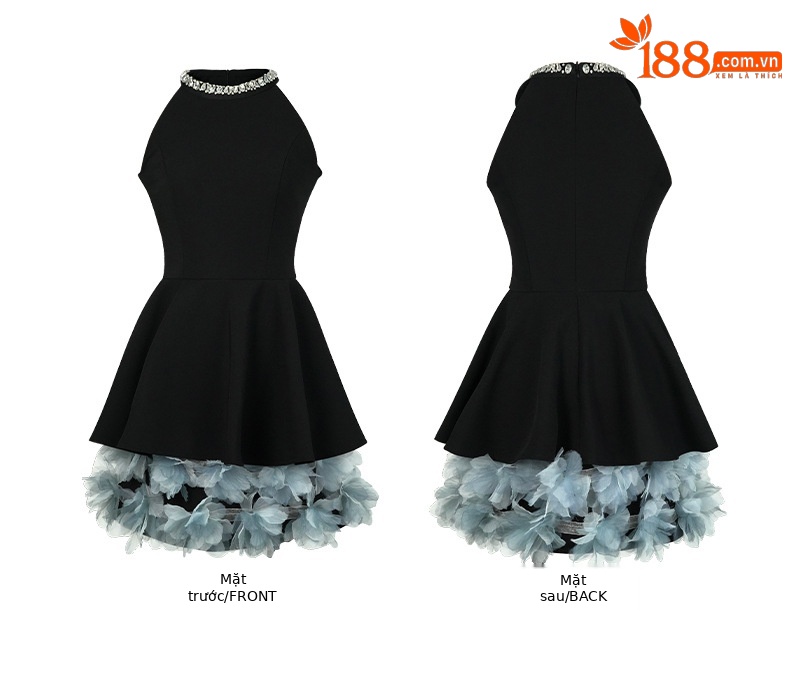 Váy liền thân nữ mùa hè họa tiết tie-dye hoa 3D, cổ halter, eo thắt eo, tay bồng — Màu đen chi tiết 3