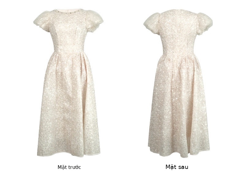Đầm ren maxi nữ tay phồng eo cao dáng chữ A — [Hồng], [Mơ] chi tiết 6