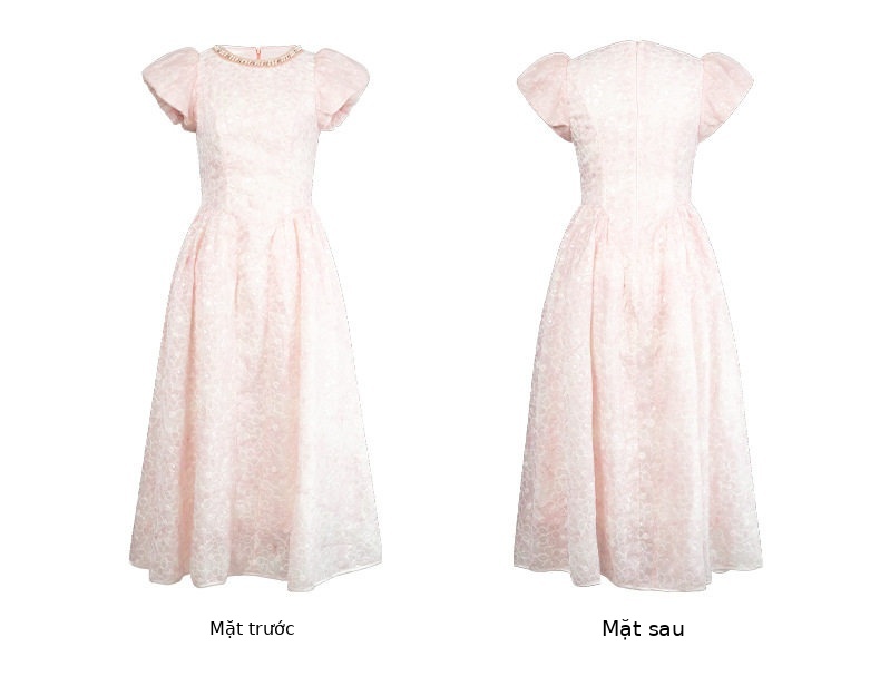 Đầm ren maxi nữ tay phồng eo cao dáng chữ A — [Hồng], [Mơ] chi tiết 7