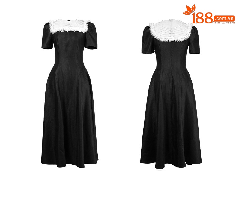 Váy maxi nữ thắt eo kiểu Hepburn thanh lịch, dáng xòe eo thon — Màu đen chi tiết 4