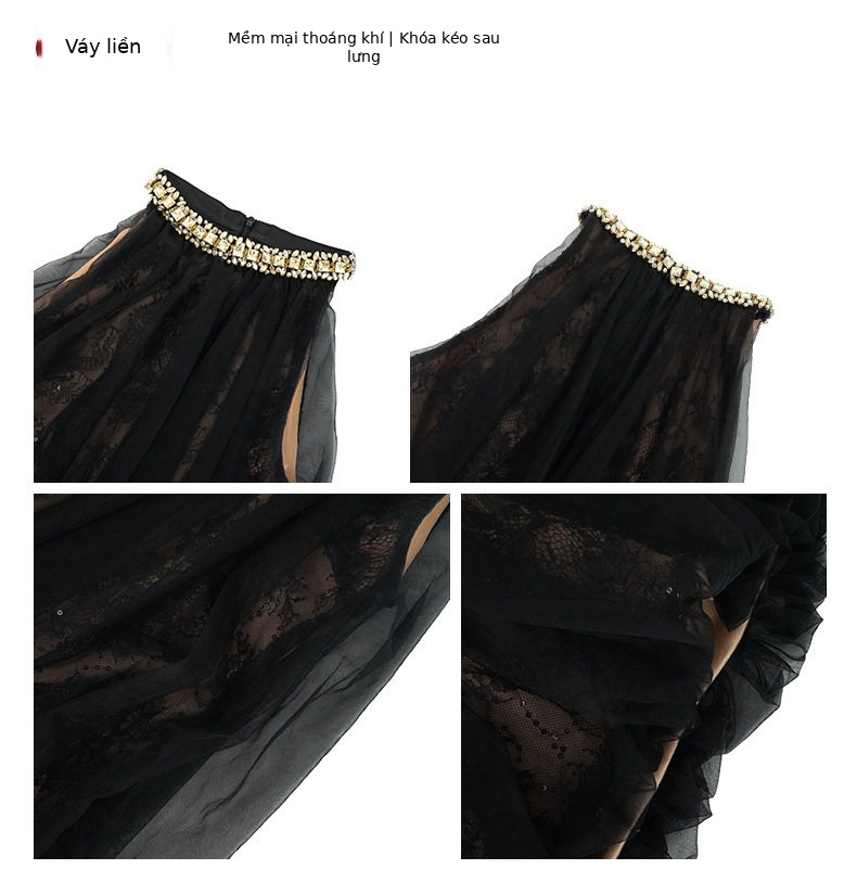 Đầm ren ngắn sexy cổ yếm dáng chữ A — [Đen] chi tiết 4