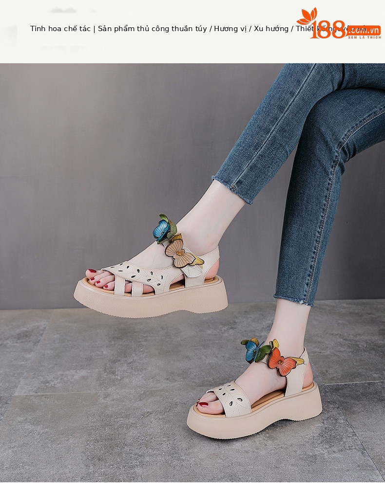 Sandal nữ hở mũi đế bệt da bò thật quai mảnh thủ công hoa — Màu trắng be chi tiết 1