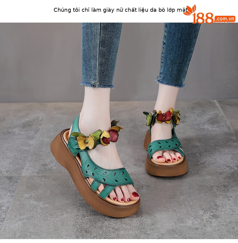 Sandal nữ hở mũi đế bệt da bò thật quai mảnh thủ công hoa — Màu trắng be chi tiết 2