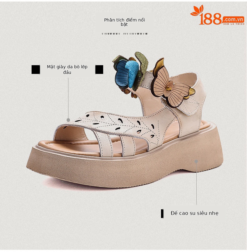 Sandal nữ hở mũi đế bệt da bò thật quai mảnh thủ công hoa — Màu trắng be chi tiết 3