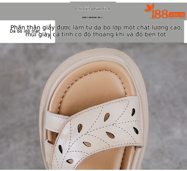 Sandal nữ hở mũi đế bệt da bò thật quai mảnh thủ công hoa — Màu trắng be chi tiết 4