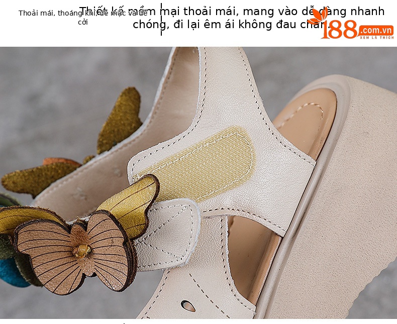 Sandal nữ hở mũi đế bệt da bò thật quai mảnh thủ công hoa — Màu trắng be chi tiết 6