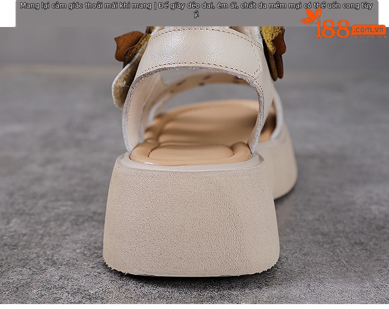 Sandal nữ hở mũi đế bệt da bò thật quai mảnh thủ công hoa — Màu trắng be chi tiết 8
