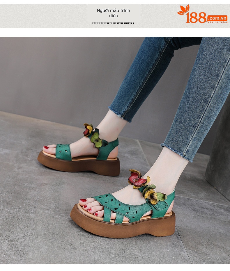 Sandal nữ hở mũi đế bệt da bò thật quai mảnh thủ công hoa — Màu trắng be chi tiết 9