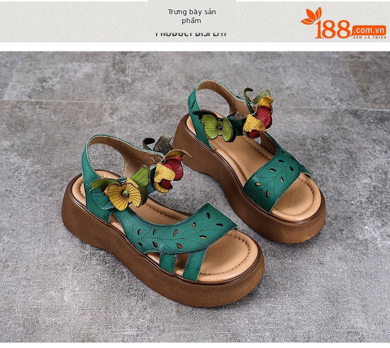 Sandal nữ hở mũi đế bệt da bò thật quai mảnh thủ công hoa — Màu trắng be chi tiết 10