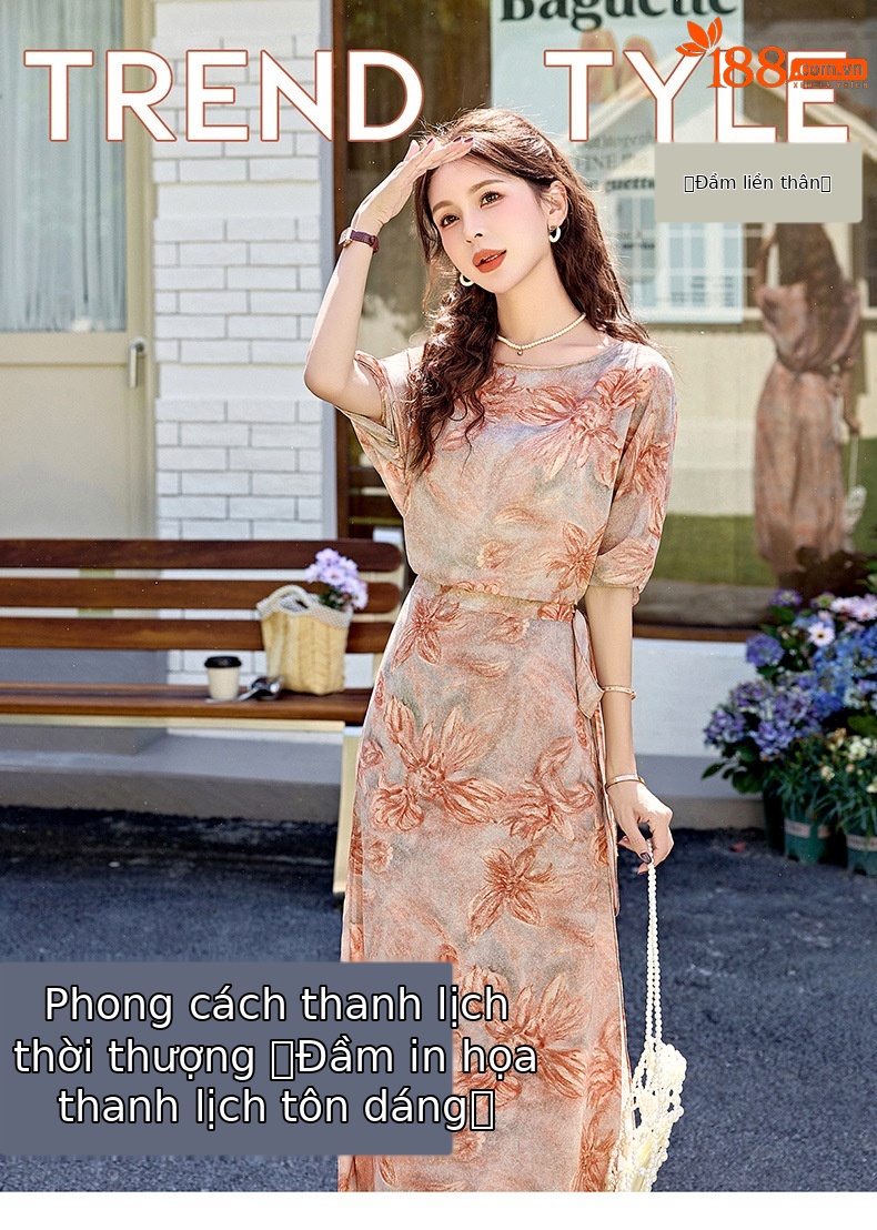 Đầm maxi nữ thắt eo in họa tiết hoa thanh lịch mùa hè 2025 — Cam hoa, Hoa tím, Hoa sọc, Hồng hoa tím chi tiết 1