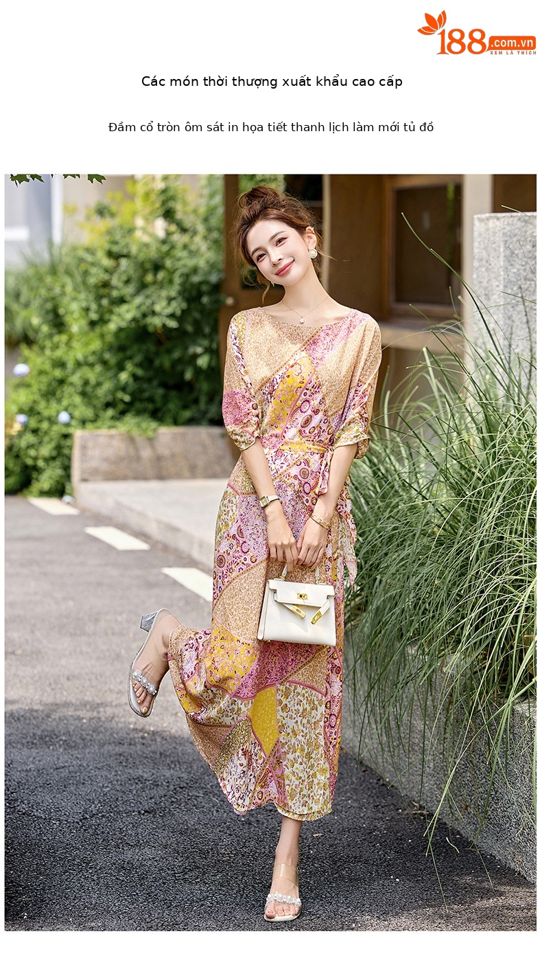 Đầm maxi nữ thắt eo in họa tiết hoa thanh lịch mùa hè 2025 — Cam hoa, Hoa tím, Hoa sọc, Hồng hoa tím chi tiết 6