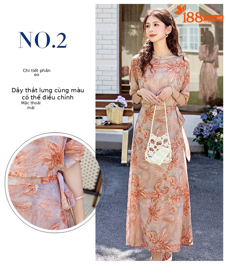 Đầm maxi nữ thắt eo in họa tiết hoa thanh lịch mùa hè 2025 — Cam hoa, Hoa tím, Hoa sọc, Hồng hoa tím chi tiết 9