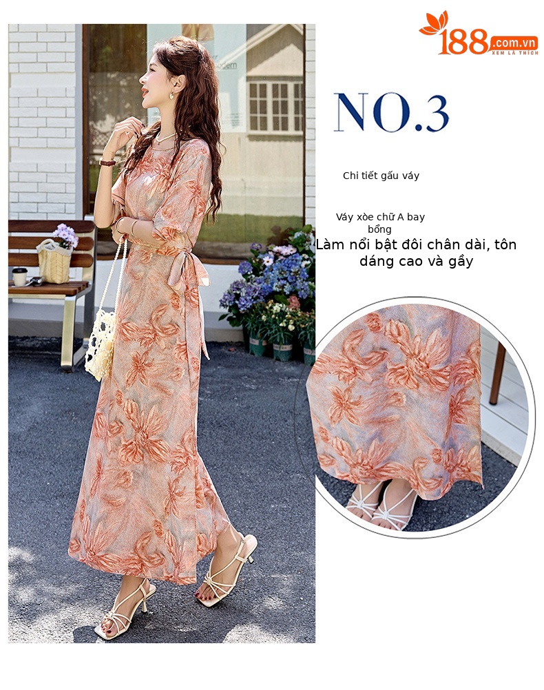 Đầm maxi nữ thắt eo in họa tiết hoa thanh lịch mùa hè 2025 — Cam hoa, Hoa tím, Hoa sọc, Hồng hoa tím chi tiết 10
