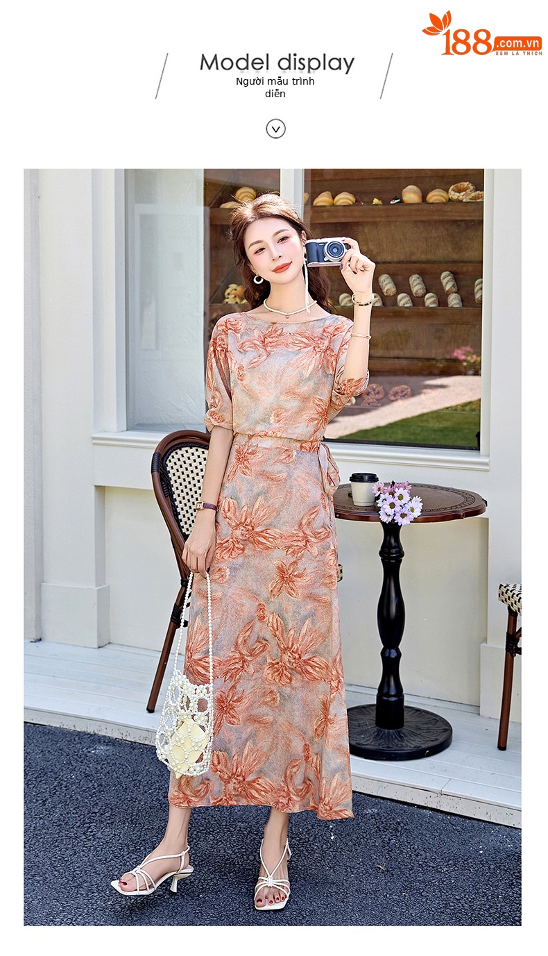 Đầm maxi nữ thắt eo in họa tiết hoa thanh lịch mùa hè 2025 — Cam hoa, Hoa tím, Hoa sọc, Hồng hoa tím chi tiết 15