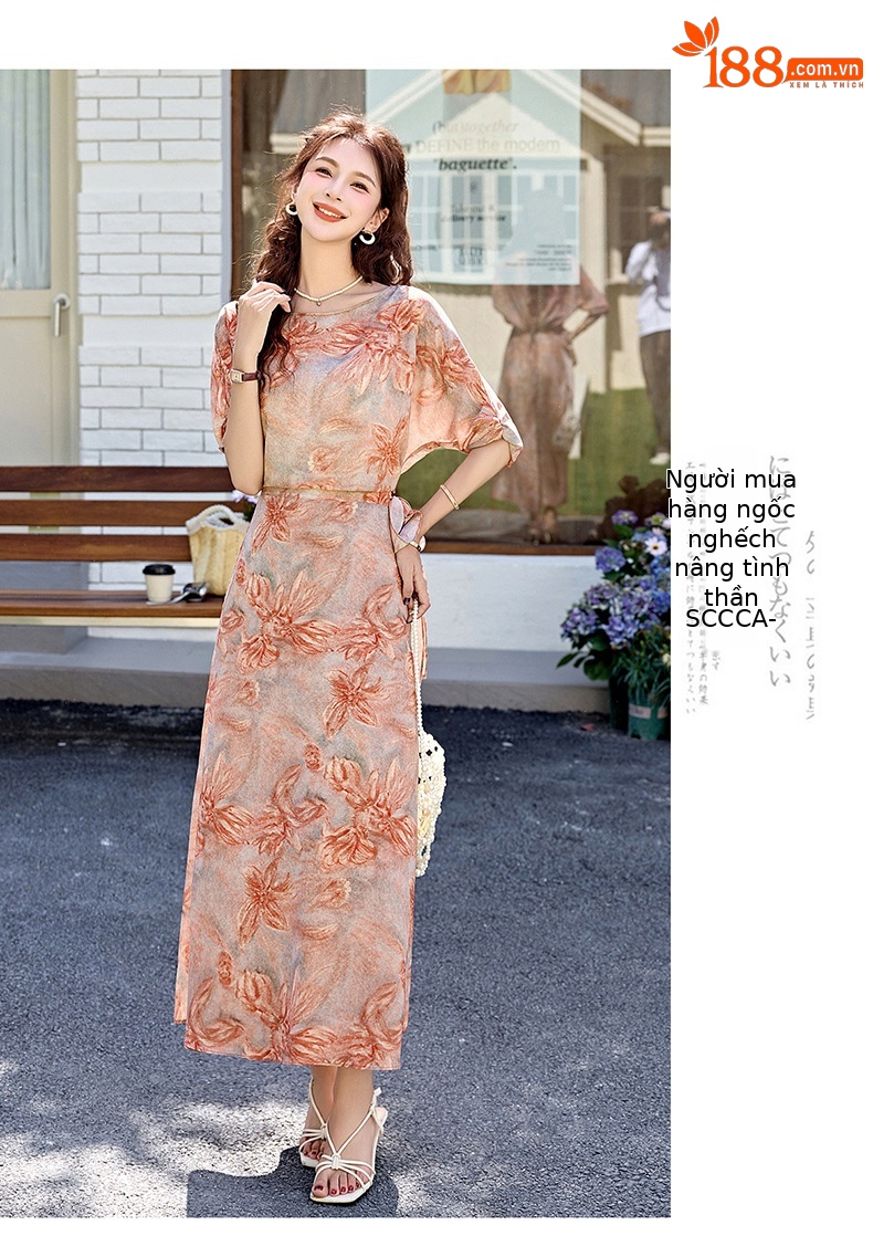 Đầm maxi nữ thắt eo in họa tiết hoa thanh lịch mùa hè 2025 — Cam hoa, Hoa tím, Hoa sọc, Hồng hoa tím chi tiết 18