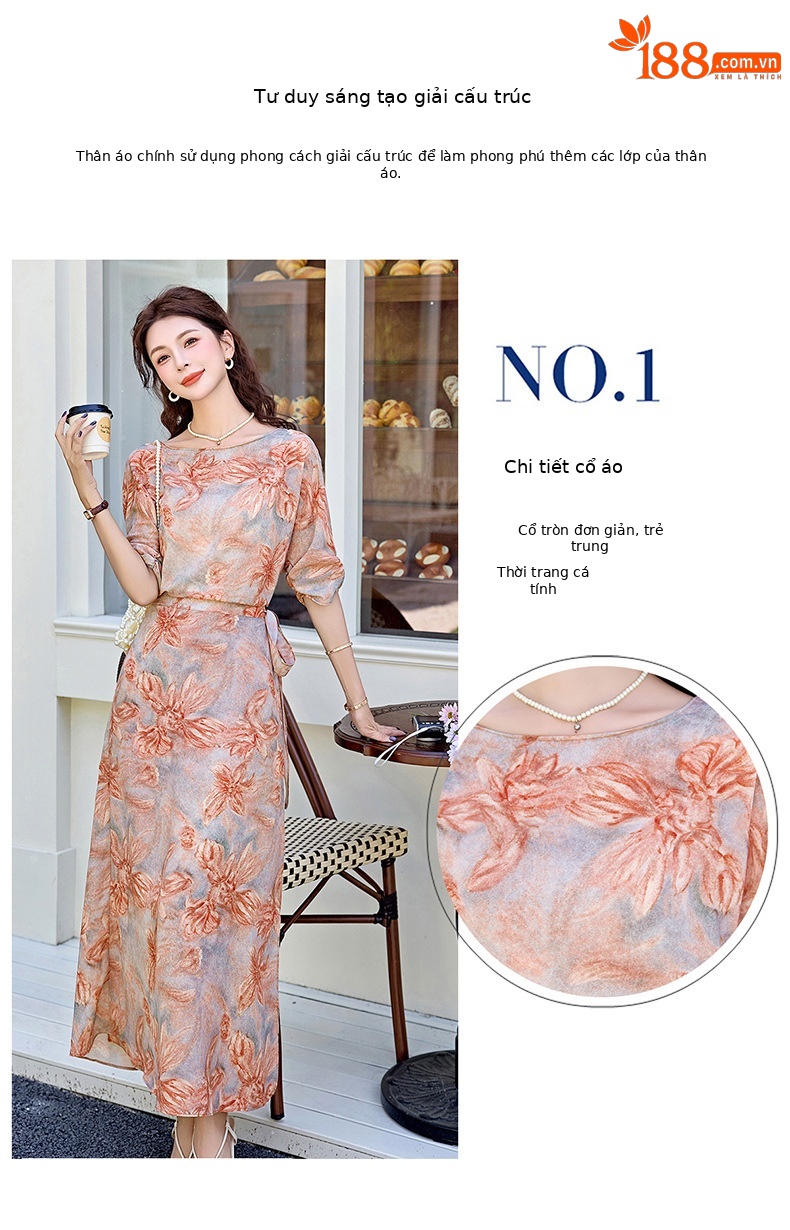 Đầm maxi nữ thắt eo in họa tiết hoa thanh lịch mùa hè 2025 — Cam hoa, Hoa tím, Hoa sọc, Hồng hoa tím chi tiết 8