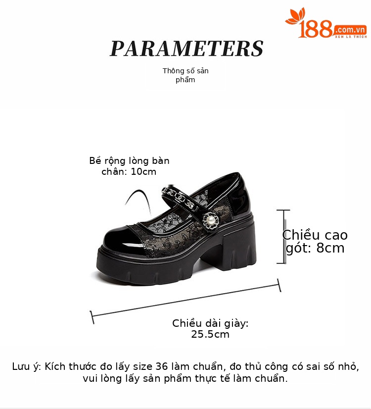 Giày Mary Jane nữ đế dày tăng chiều cao 8cm, gót vuông, lưới ren thoáng khí, miệng nông kiểu Pháp — 4625101369m màu, 4625101369 màu đen chi tiết 2