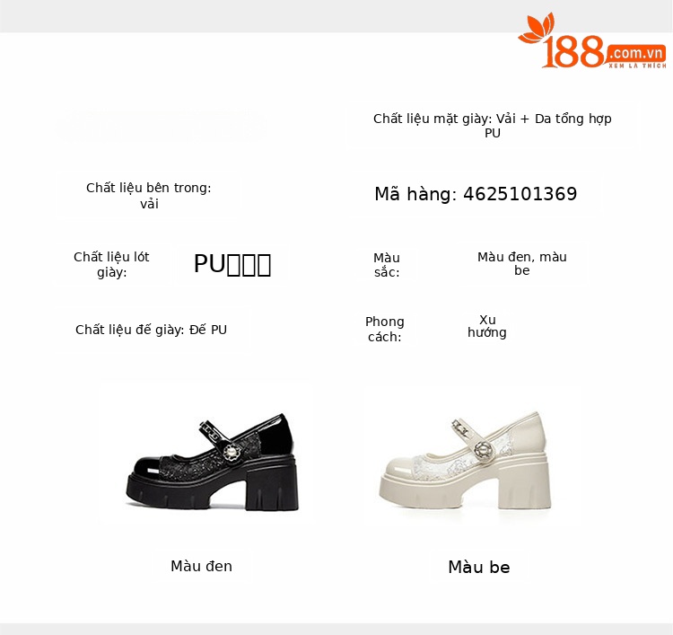 Giày Mary Jane nữ đế dày tăng chiều cao 8cm, gót vuông, lưới ren thoáng khí, miệng nông kiểu Pháp — 4625101369m màu, 4625101369 màu đen chi tiết 3