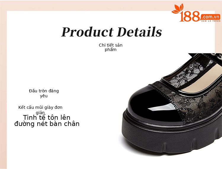 Giày Mary Jane nữ đế dày tăng chiều cao 8cm, gót vuông, lưới ren thoáng khí, miệng nông kiểu Pháp — 4625101369m màu, 4625101369 màu đen chi tiết 4