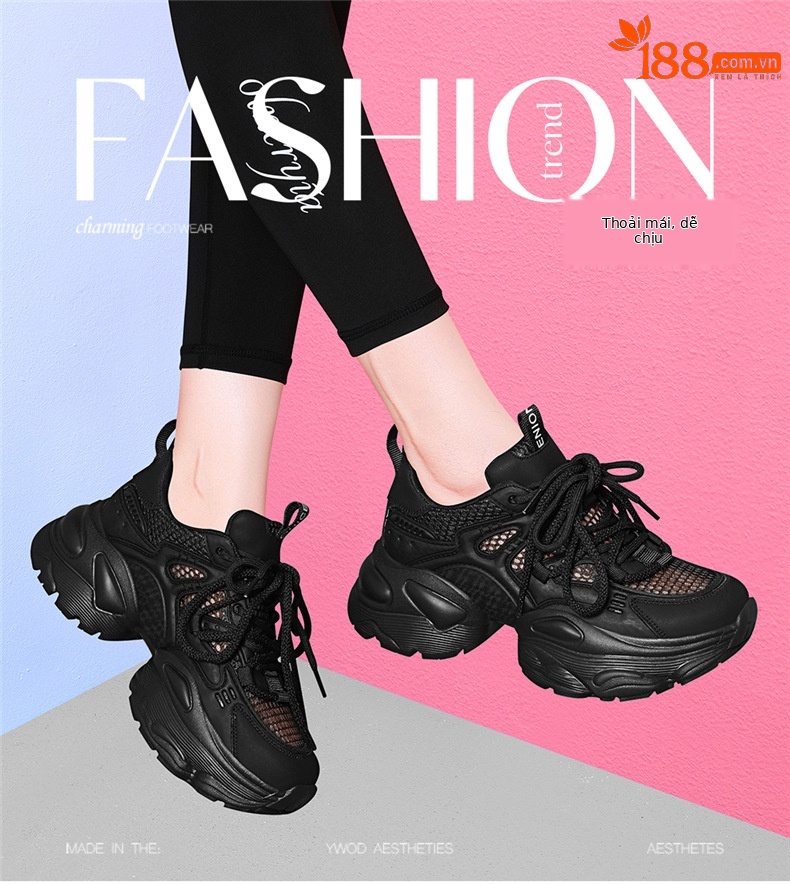 Giày thể thao nữ đế dày chunky màu đen phong cách bố mùa hè 2025, thoáng khí, tăng chiều cao — JST 1826- 2m Model lưới đơn màu trắng thoáng khí, JST 1826-2 màu đen, êm chân và không che chân chi tiết 2