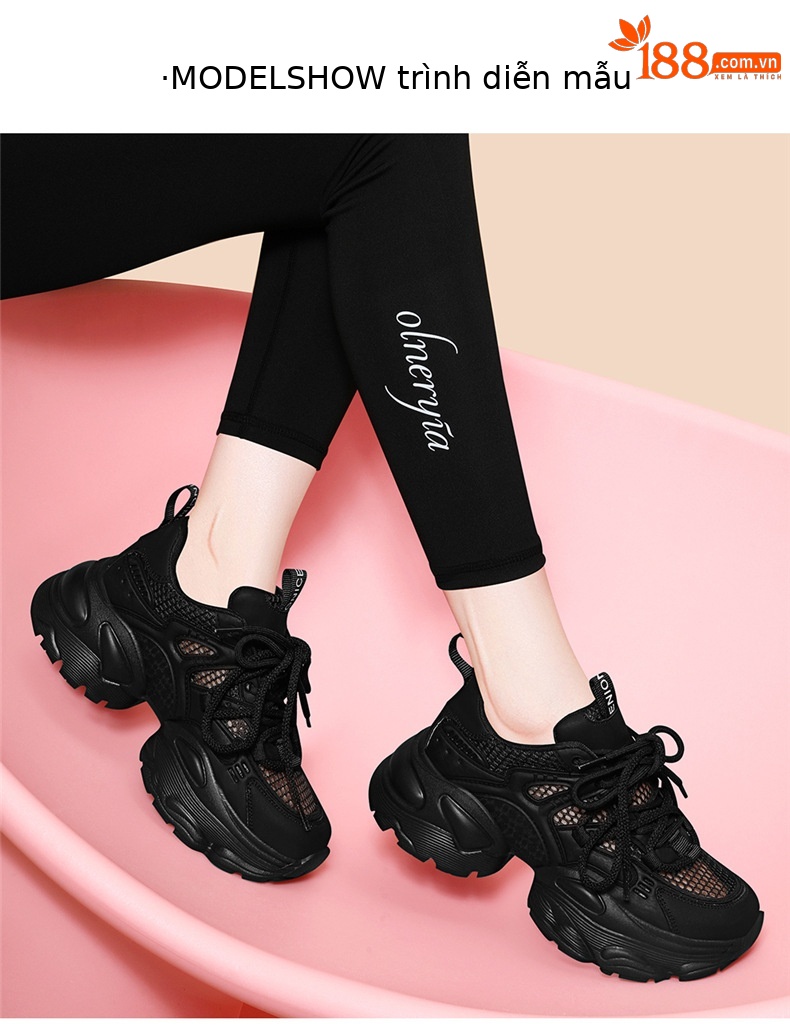 Giày thể thao nữ đế dày chunky màu đen phong cách bố mùa hè 2025, thoáng khí, tăng chiều cao — JST 1826- 2m Model lưới đơn màu trắng thoáng khí, JST 1826-2 màu đen, êm chân và không che chân chi tiết 3