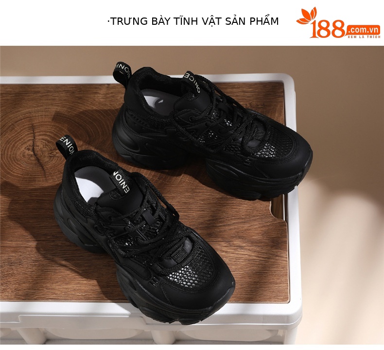 Giày thể thao nữ đế dày chunky màu đen phong cách bố mùa hè 2025, thoáng khí, tăng chiều cao — JST 1826- 2m Model lưới đơn màu trắng thoáng khí, JST 1826-2 màu đen, êm chân và không che chân chi tiết 13
