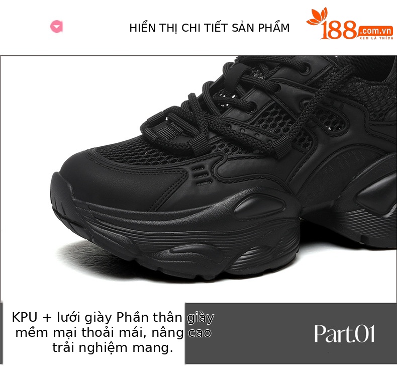 Giày thể thao nữ đế dày chunky màu đen phong cách bố mùa hè 2025, thoáng khí, tăng chiều cao — JST 1826- 2m Model lưới đơn màu trắng thoáng khí, JST 1826-2 màu đen, êm chân và không che chân chi tiết 15