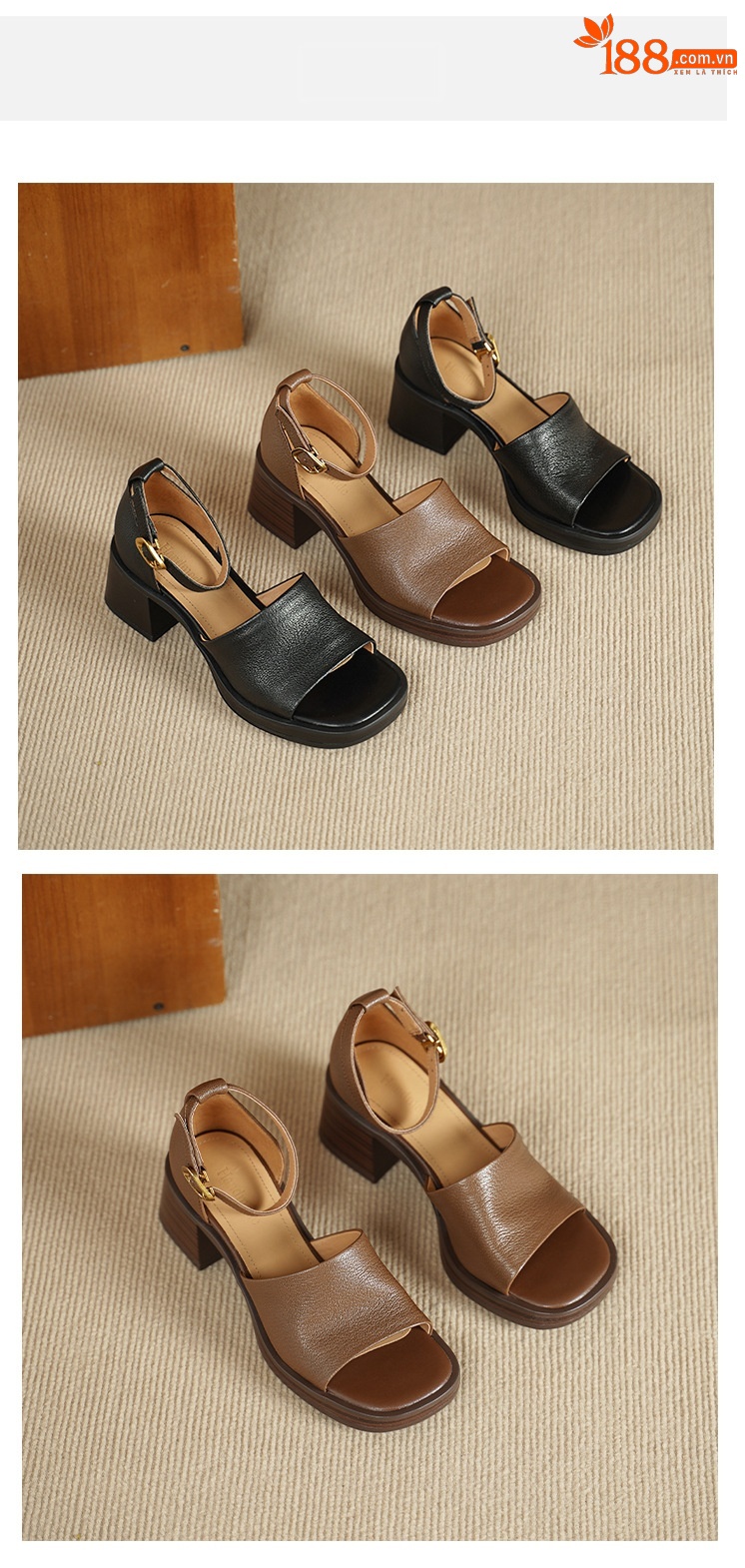 Sandal cao gót nữ hở mũi quai ngang khóa, da dê cao cấp, gót vuông ổn định — đen chi tiết 9