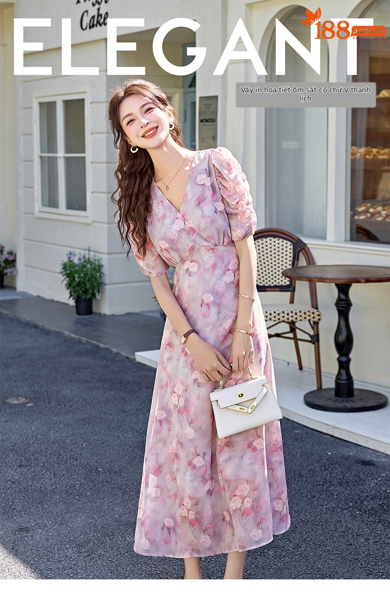 Đầm maxi nữ thắt eo in hoa phong cách mềm mại mùa hè 2025 ME5631 — hoa xanh, hoa hồng tím chi tiết 1