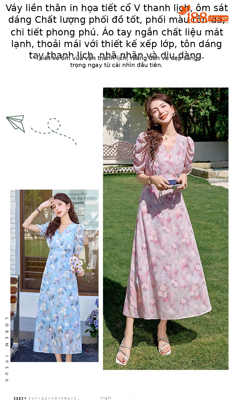 Đầm maxi nữ thắt eo in hoa phong cách mềm mại mùa hè 2025 ME5631 — hoa xanh, hoa hồng tím chi tiết 2
