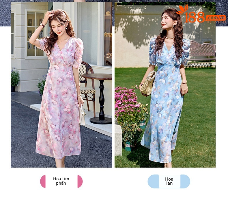 Đầm maxi nữ thắt eo in hoa phong cách mềm mại mùa hè 2025 ME5631 — hoa xanh, hoa hồng tím chi tiết 6
