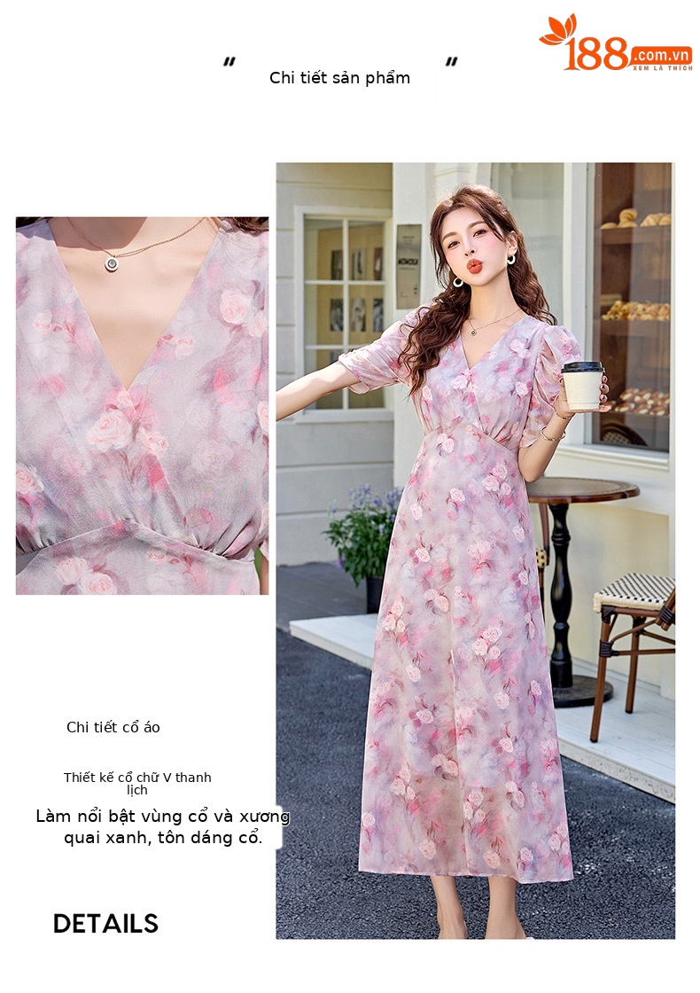 Đầm maxi nữ thắt eo in hoa phong cách mềm mại mùa hè 2025 ME5631 — hoa xanh, hoa hồng tím chi tiết 7