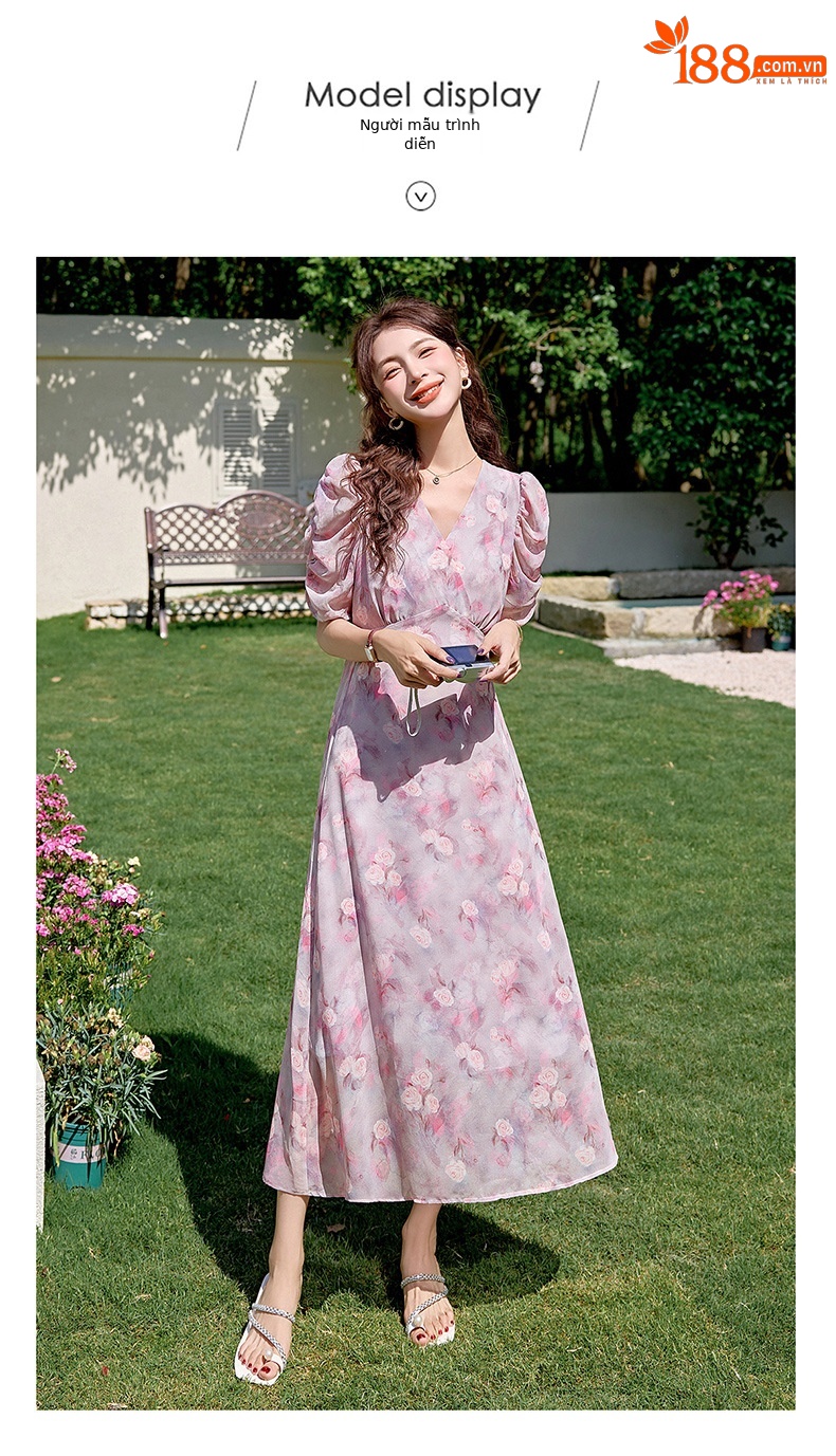 Đầm maxi nữ thắt eo in hoa phong cách mềm mại mùa hè 2025 ME5631 — hoa xanh, hoa hồng tím chi tiết 11