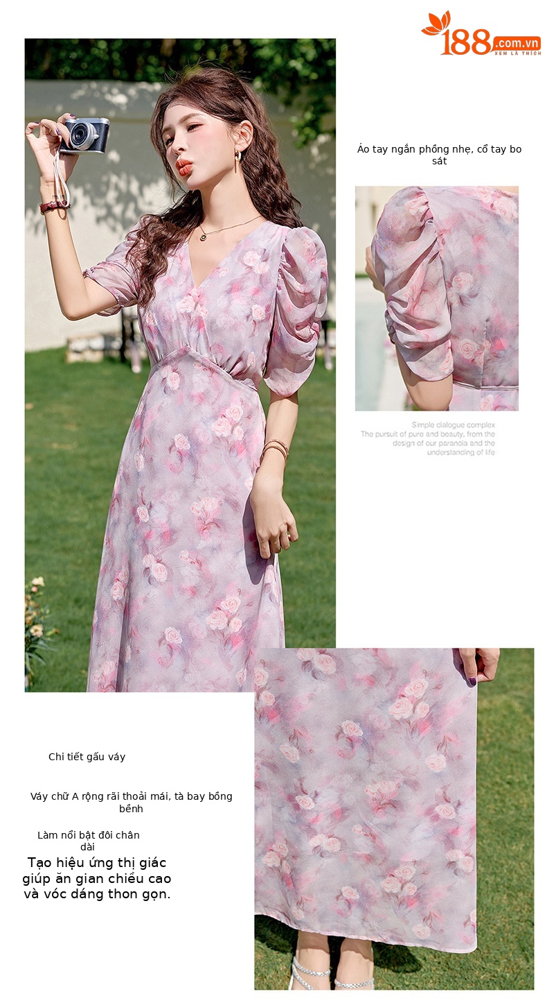 Đầm maxi nữ thắt eo in hoa phong cách mềm mại mùa hè 2025 ME5631 — hoa xanh, hoa hồng tím chi tiết 8