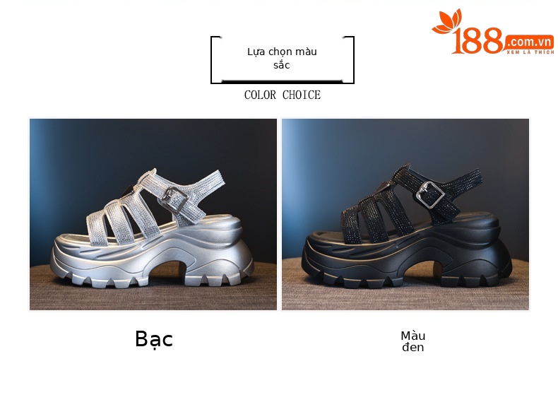 Sandal đính đá nữ đế độn dày phong cách thời trang mùa hè 2025 — Màu đen, Màu bạc chi tiết 2