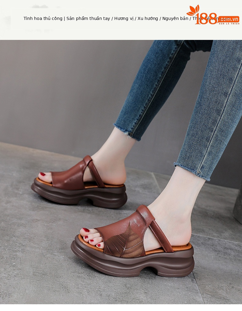 Dép sandal nữ quai chữ V đế dày da bò thật — Màu trắng be chi tiết 1