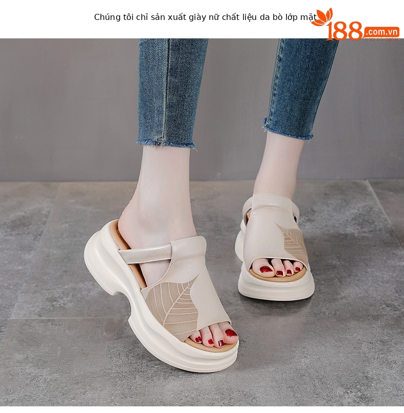 Dép sandal nữ quai chữ V đế dày da bò thật — Màu trắng be chi tiết 2