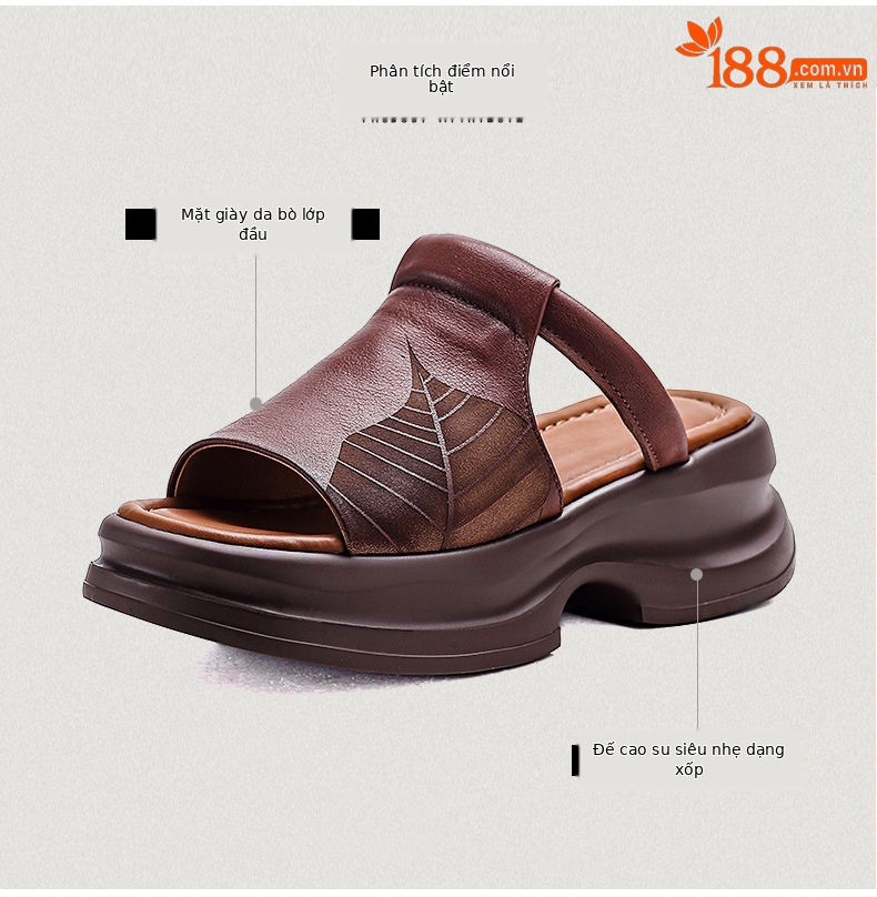 Dép sandal nữ quai chữ V đế dày da bò thật — Màu trắng be chi tiết 3