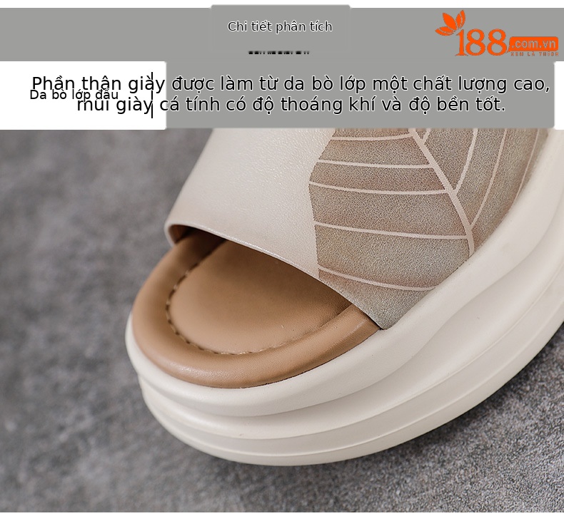 Dép sandal nữ quai chữ V đế dày da bò thật — Màu trắng be chi tiết 4