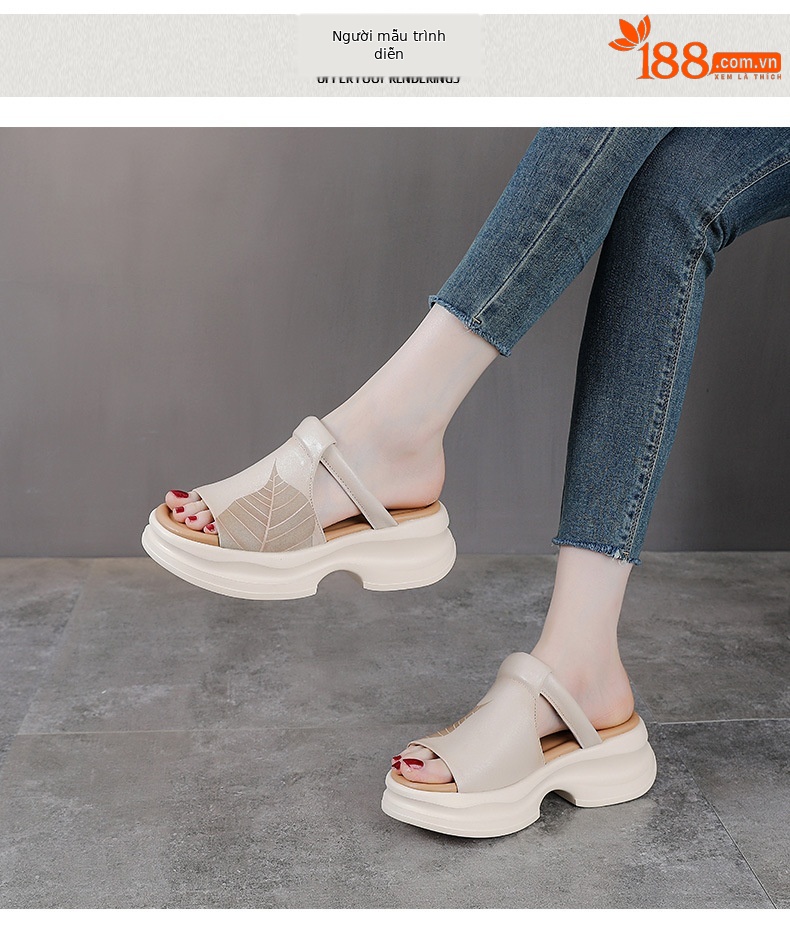 Dép sandal nữ quai chữ V đế dày da bò thật — Màu trắng be chi tiết 9