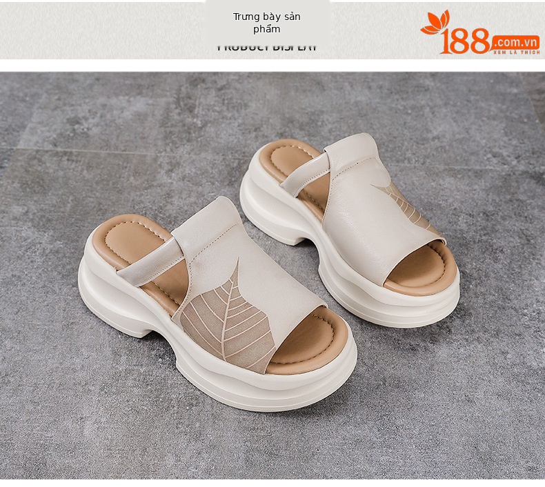 Dép sandal nữ quai chữ V đế dày da bò thật — Màu trắng be chi tiết 10