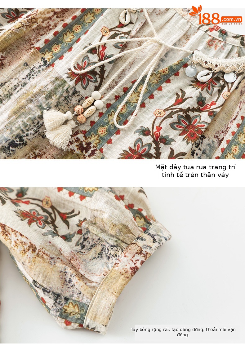Đầm maxi nữ thắt eo bohemian in hoa kỳ lạ tay ngắn rộng che thịt — Màu cà phê chi tiết 19