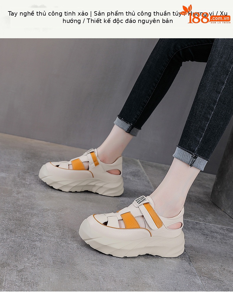 Sandal nữ da bò đế dày thoáng khí tăng chiều cao — Màu đen chi tiết 1